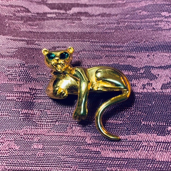 D’Orlan Paris Cat Green Swarovski Crystal Eyes Pin - Picture 1 of 4
